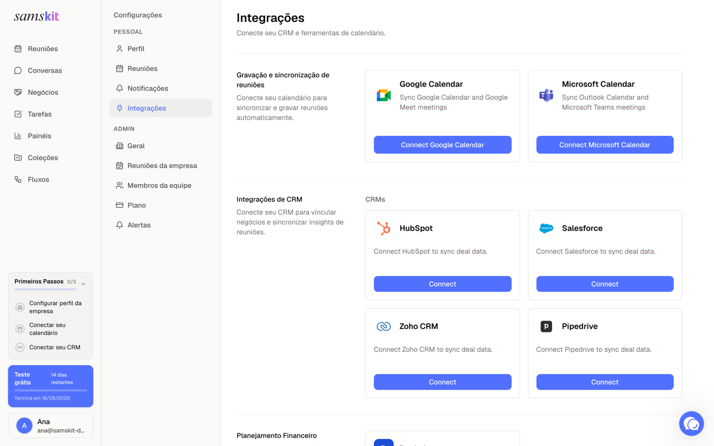 Cards de CRM na página de integrações