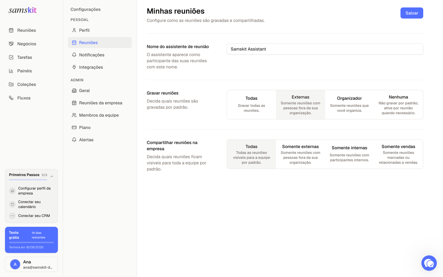 Configurações pessoais de reunião