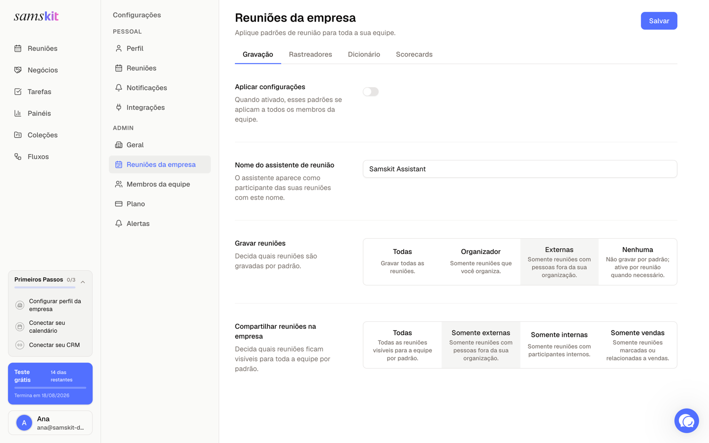 Configurações de reunião da empresa