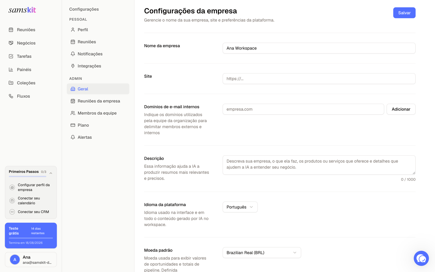 Domínios internos no perfil da empresa