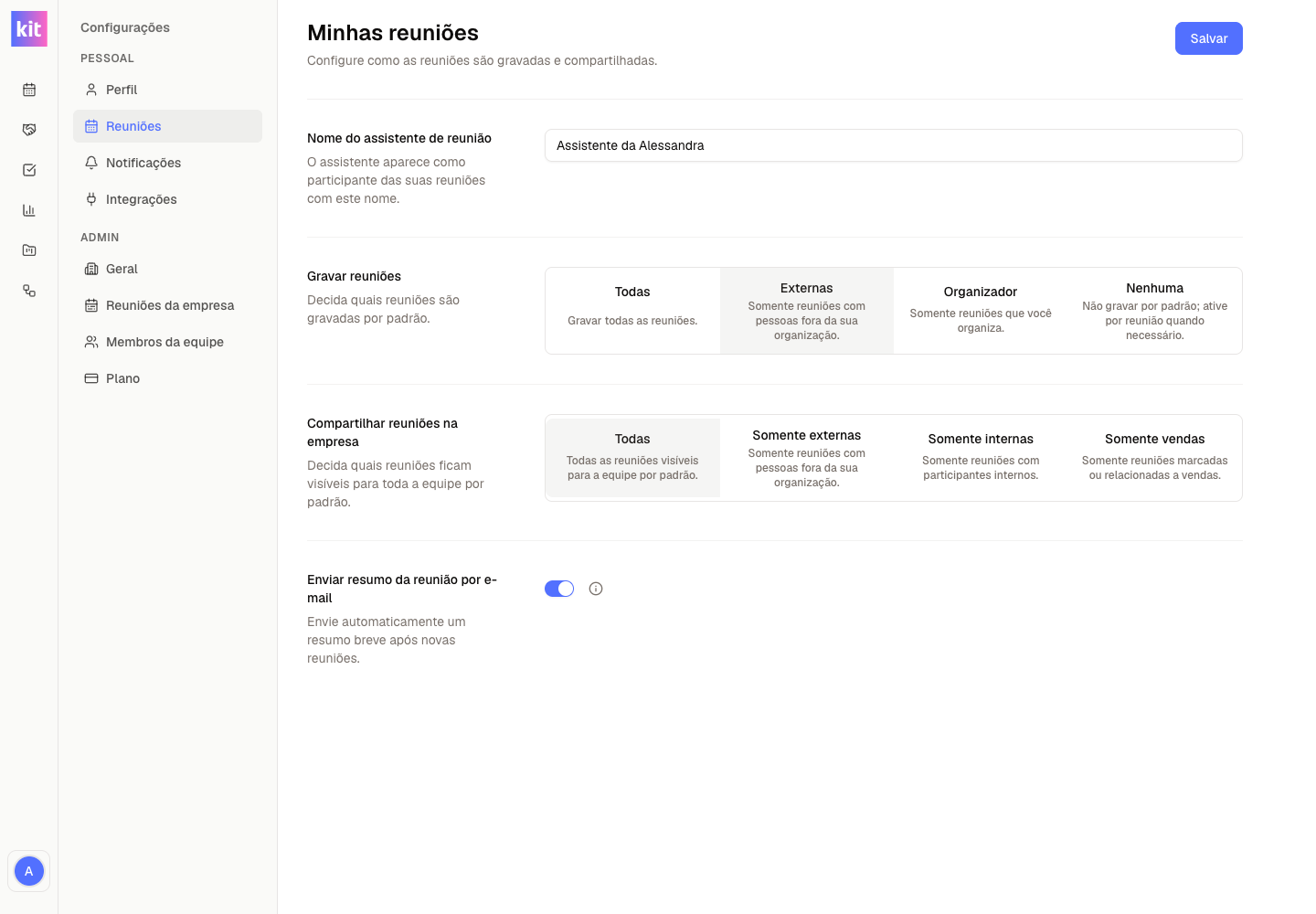 Configuração Minhas reuniões com o envio de resumo por e-mail ativado.